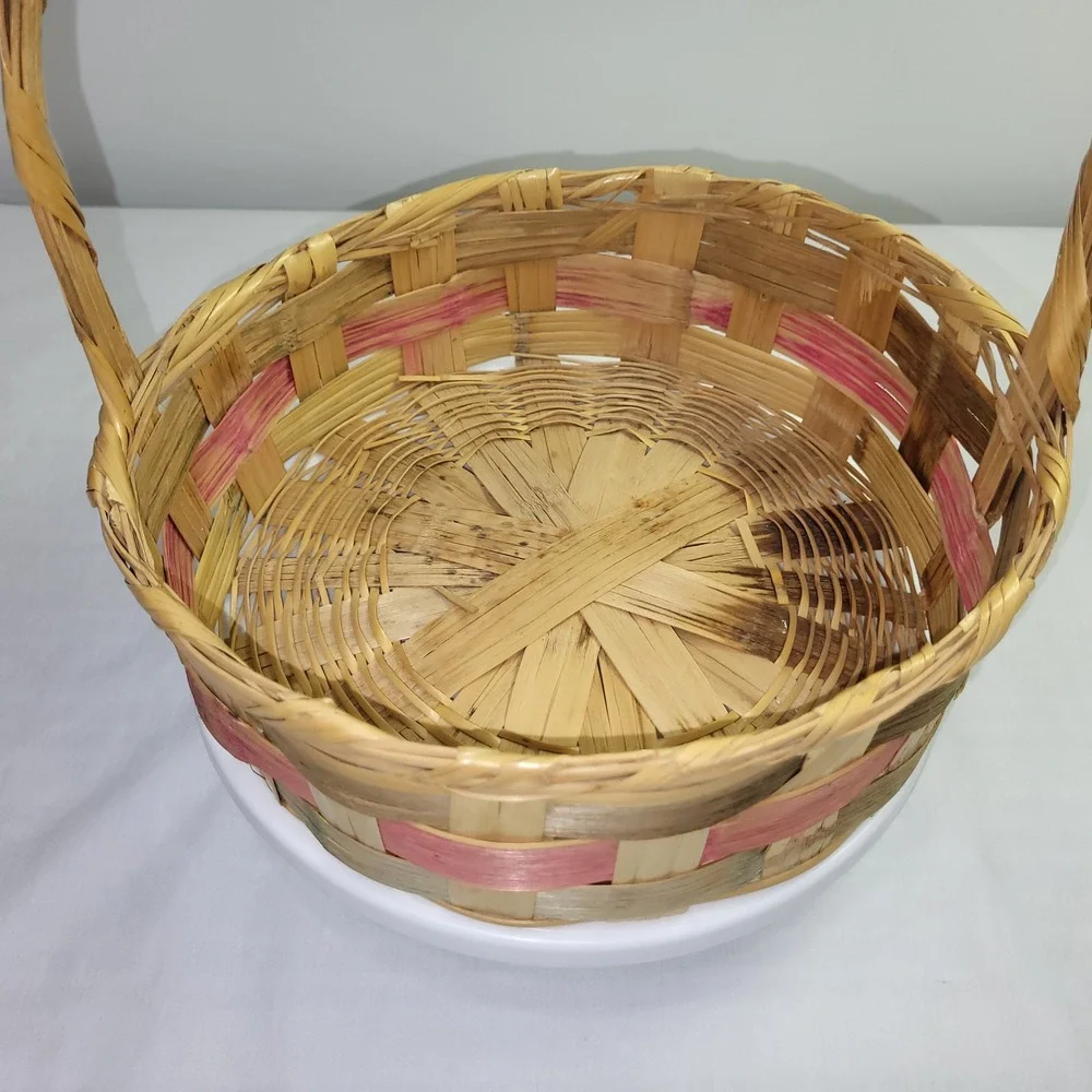 Vintage Woven Easter Basket Round Splint Wood Pink Green Accent Handle
